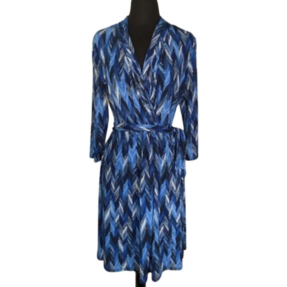 Liz Claiborne Blue Black Herringbone Geometric Faux Wrap Dress Casual Work Small